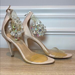 AKIRA Soft Pink Crystal Embellished Heels SZ 9 & 4” Stiletto Heel Peep Toe Jewel